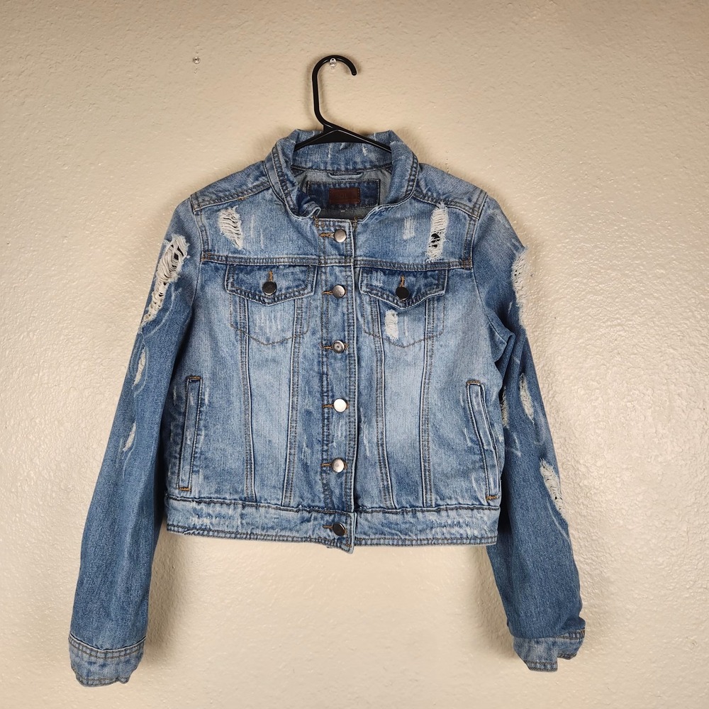 POL Denim Jean Jacket Womens Small Distressed Light Wash Raw Hem Grunge Style 90